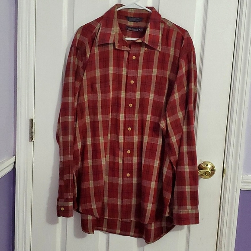 Nautica Red & Cream Plaid Long Sleeve Lightweight Flannel Button Up Shirt XL